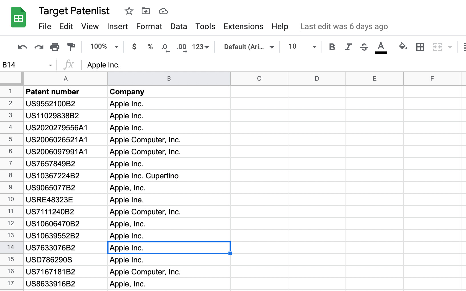 Screenshot of a spreadsheet containing patent numbers.