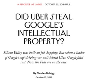 Screenshot of a newspaper article about whether Uber stole Googles IP