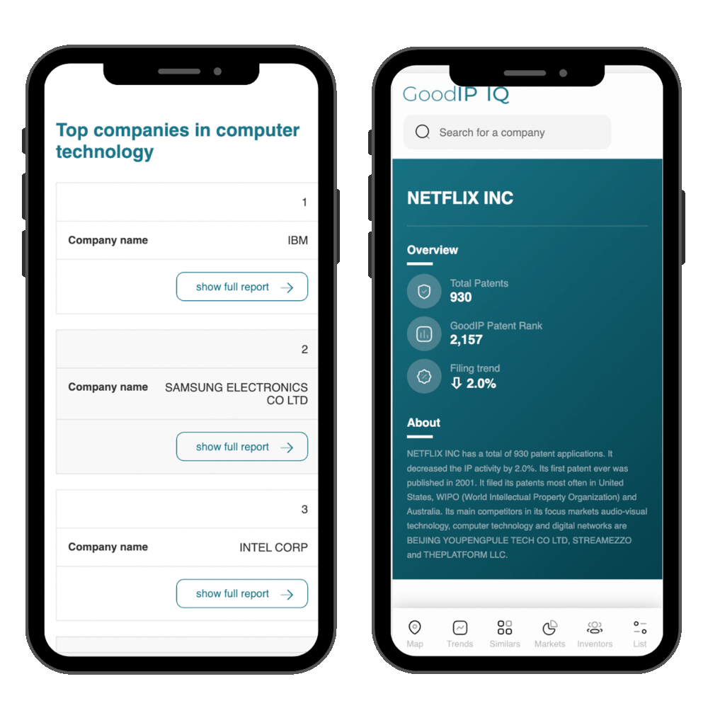 Two screenshots of mobile phones showing GoodIP IQ. The first the top companies in the category computer technology, the second key stats about netflix.