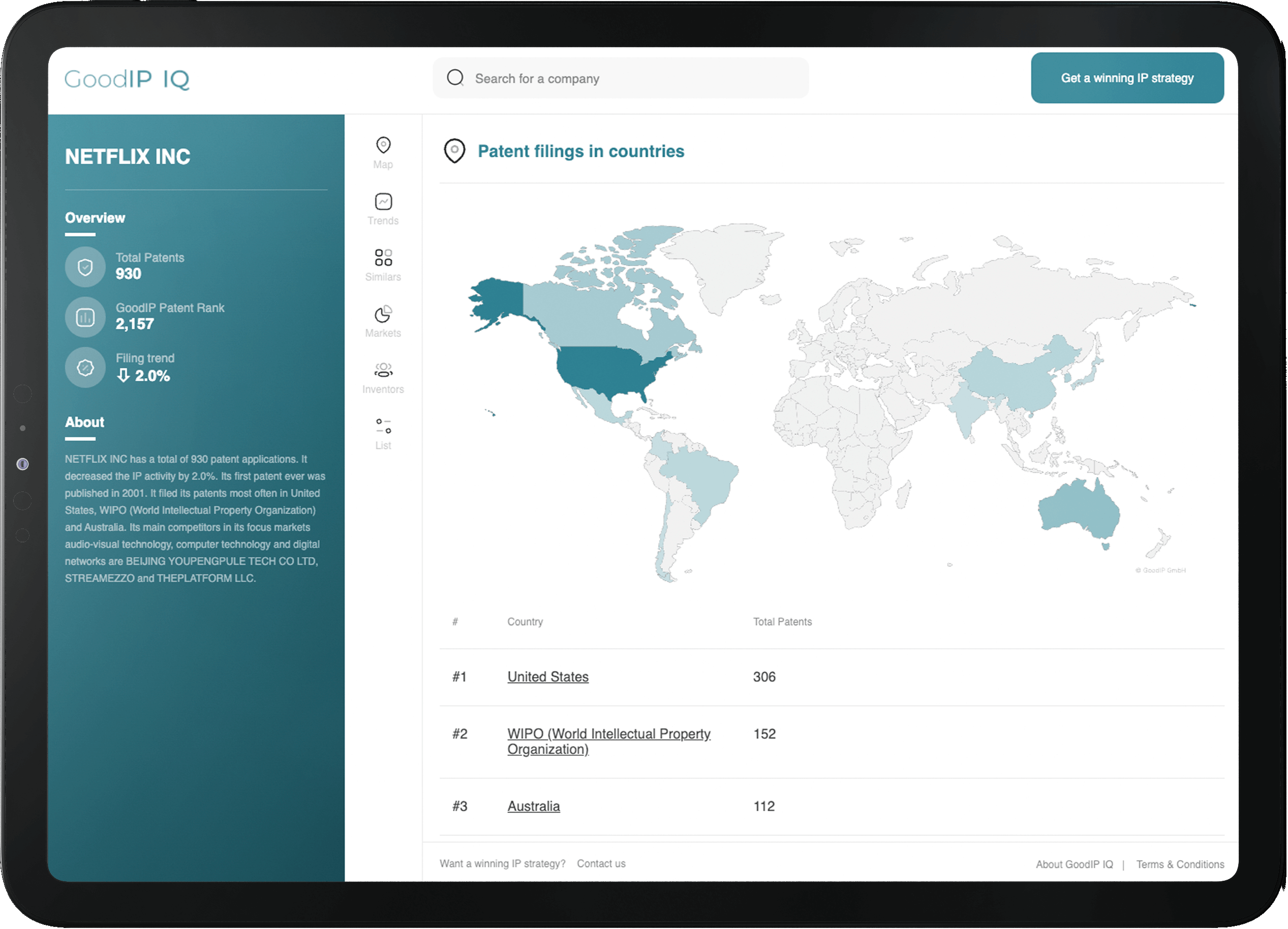 Screenshot of GoodIP IQ showing information about Netflix.